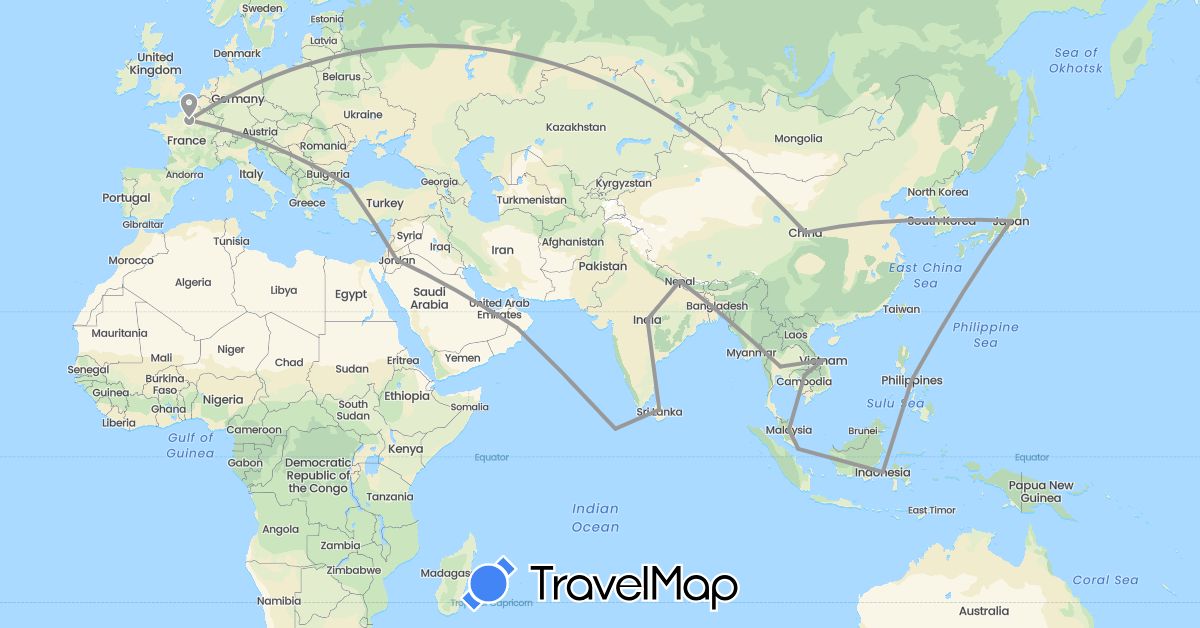 TravelMap itinerary: driving, plane in China, France, Indonesia, India, Jordan, Japan, Cambodia, South Korea, Sri Lanka, Maldives, Malaysia, Nepal, Oman, Philippines, Singapore, Thailand, Turkey (Asia, Europe)